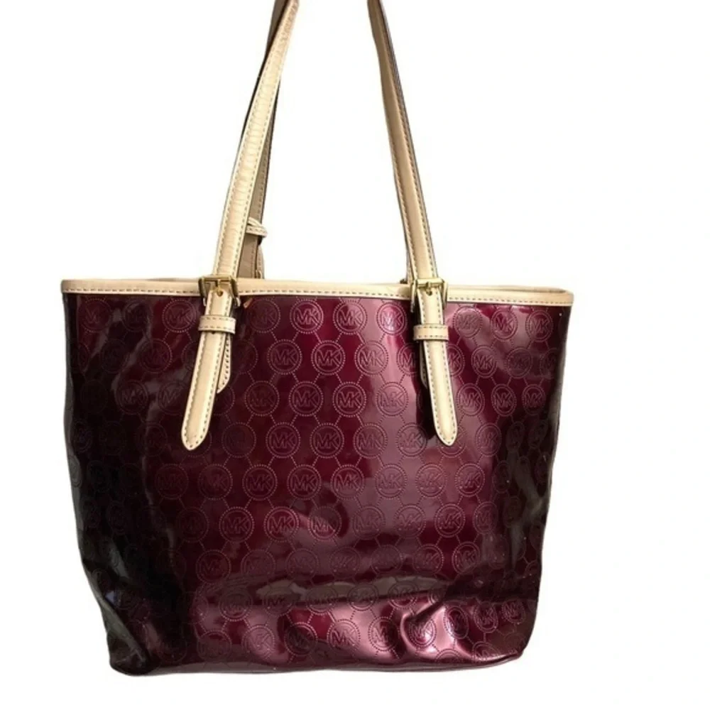 Michael Kors burgandy red patent leather embossed mk tote bag